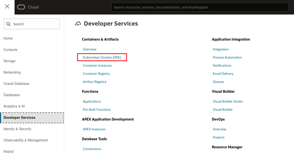Oracle Cloud menu